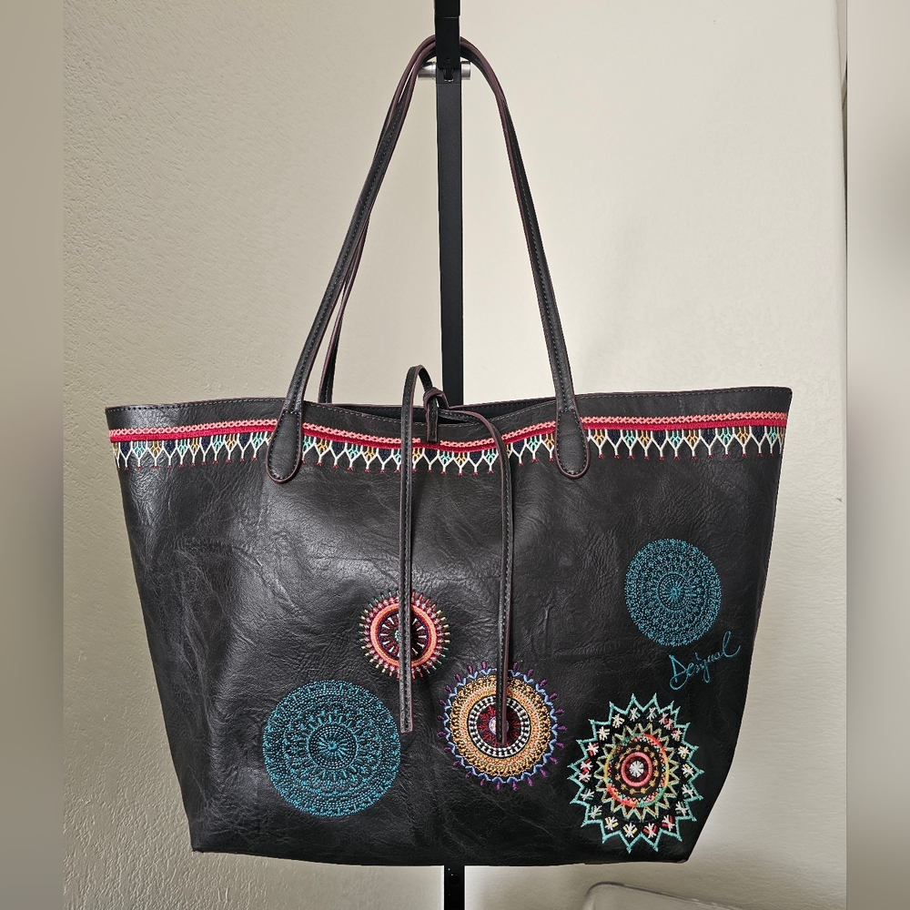 Desigual Siara Black Embroidered Bohemian Hippie Large Tote Shoulder Bag Perfect - Picture 2 of 9